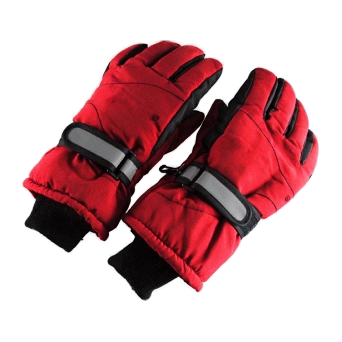 Pair of red gloves with reflective straps on a white background