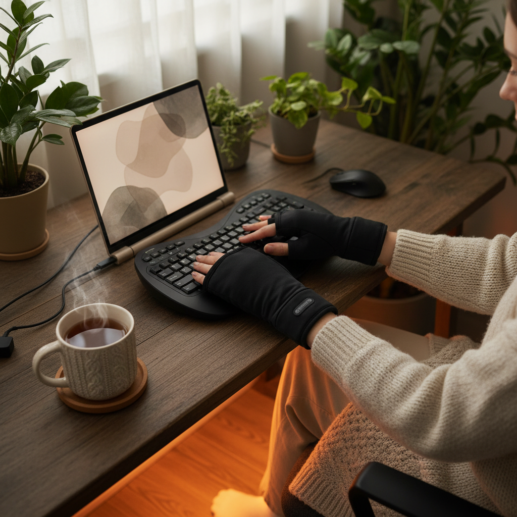 Woman wearing USB heated gloves with flip-cover design at a cosy home desk