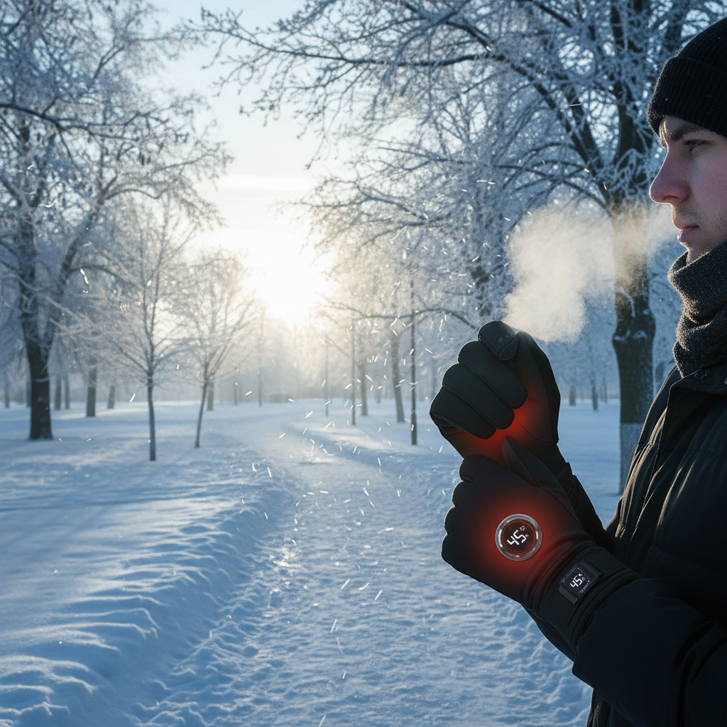 Person wearing USB heated gloves outdoors on a cold winter morning